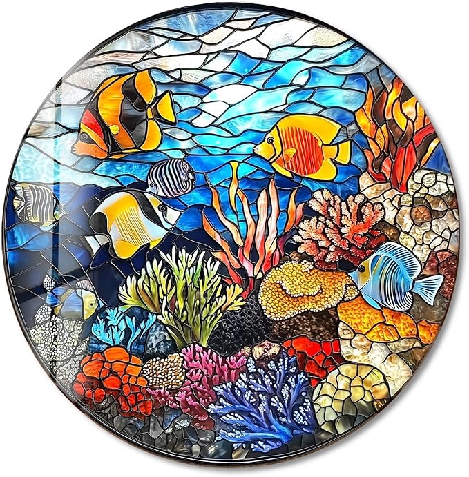 My Photostation.com 15.8''(40cm) Diameter Coral Reef Mosaic Round Glass Wall Art Tempered Glass Printing Wall Decor Large Wall Art Wall Hangings