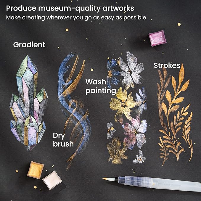 ARTEZA Watercolor Paint Set, 24 Metallic Watercolor Paints, Glitter Watercolor Paint in Half Pans, Travel Watercolor Set