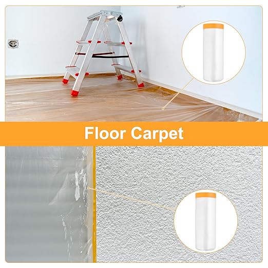 uxcell 2 Rolls Painters Plastic with Tape, 10 x 52 Ft Pre-Taped Masking Film Tape and Plastic Film Paint Plastic Covering Roll for Covering Skirting, Frames and Auto Body, Yellow/Clear