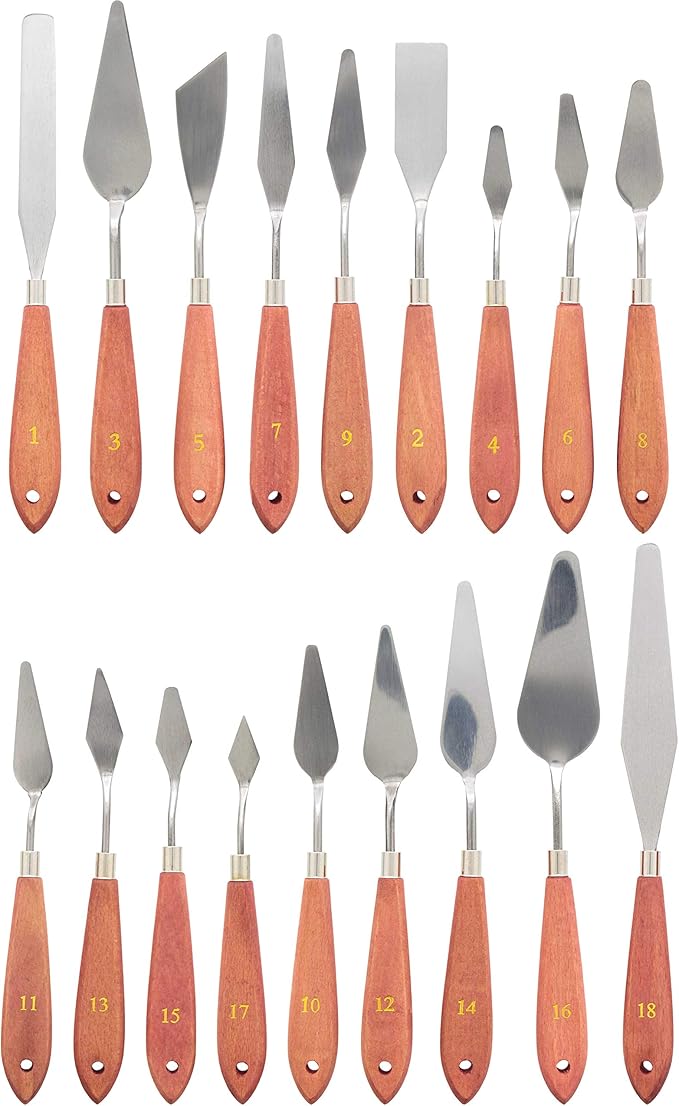 U.S. Art Supply 18-Piece Stainless Steel Palette Knife Set for Acrylic Painting - Wood Handle Paint Spatula Tools for Oil, Canvas Art - Painting Knives for Mixing, Texturing - Pallet Knives for Art