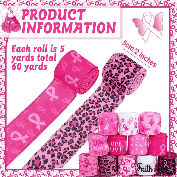 12 Rolls 60 Yards Breast Cancer Awareness Wired Edge Ribbon Pink Butterfly Patterned Ribbon Faith Hope Love Bow Making Craft Wrapping for Women Gift Wrapping Activities Home Accessories Decor