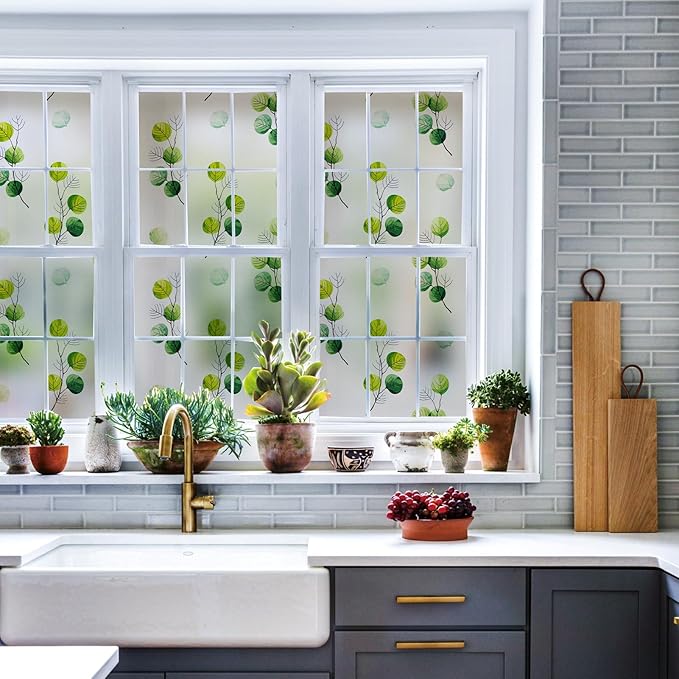 DKTIE Eucalyptus Leaves Stained Glass Window Film with Installation Tools, INS Style Window Privacy Film Decorative, Nordic Style for Home Decor (S541, 17.7'' x 118.1'')