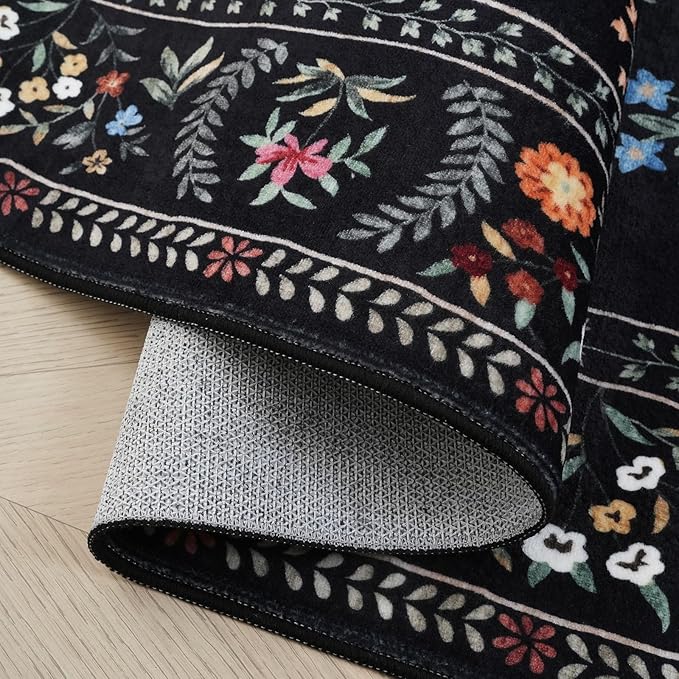 Rugcomf Area Rugs 8x10 Rug for Living Room Clearance Washable Boho Area Rug Non Slip Floral Animal Vintage Low Pile Large Rug for Living Room, Bedroom, Farmhouse, Dining Room, Kids Playroom (Black)