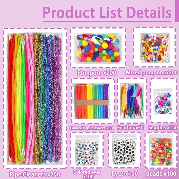 FUNZBO 1200pcs+ Arts & Crafts Supplies for Kids- Craft Kits with Pipe Cleaners, Pom Poms for Crafts, Popsicle Sticks for Craft, Craft for Kids Ages 4-8 Girls & Boys Birathday Gifts