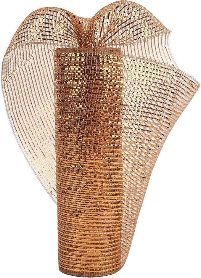 MEEDEE Deco Mesh Copper Brown Mesh Ribbon 10 Inch Deluxe Wide Foil Metallic Mesh Fall Deco Mesh Harvest Mesh Ribbon for Wreaths, Garland, Christmas Tree, Gift Wrapping, Bows Making (30 Feet)