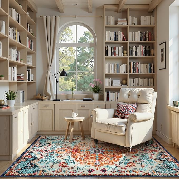 Lahome Bohemian Floral Medallion Area Rug - 4x6 Oriental Distressed Bedroom Rug Country Vintage Faux Wool Indoor Throw Mat Non-Slip Washable Low-Pile Carpet for Bathroom Living Kitchen Laundry Room
