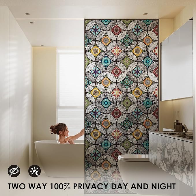 DKTIE Boho Chic Window Privacy Film with Installation Tools - Soften Light, Reduce UV Rays, Decorative Stained Glass Window Tinting Film for Home, 35.4 x 78.7Inch