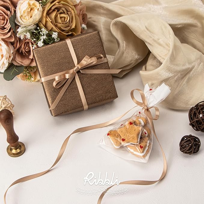Ribbli Tan Satin Ribbon,Double Faced Satin 1/4 inch x Continuous 50 Yards,Champagne Ribbon Use for Bows Bouquet,Gift Wrapping,Wedding Decoration,Floral Arrangement