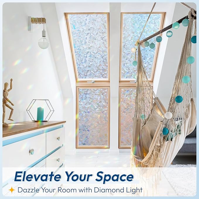 rabbitgoo Rainbow Window Privacy Film Decorative Stained Glass Diamond Pattern Window Sticker with Iridescent Tint Non-Adhesive Static Cling for Home Office Crystal Pattern, 35.4 x 78.7 inch