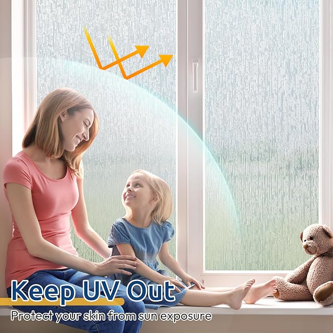 rabbitgoo Window Privacy Film Frosted Glass Clings, Decorative Sun UV Blocking Static Cling Window Covering, Removable Frosting Sticker for Home, Rain Silk, 17.5 x 78.7 Inches