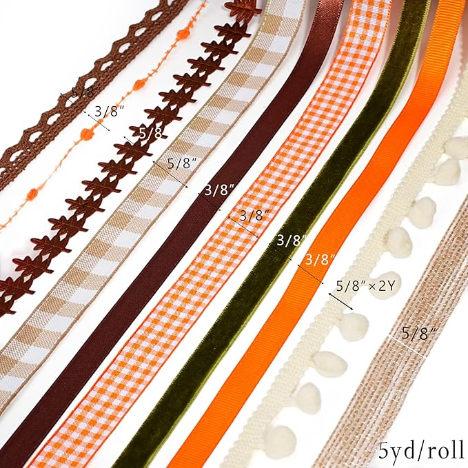 LaRibbons Fall Ribbons for Crafts 10 Rolls Harvest Craft Set for Wreaths, Thanksgiving Decor, Gift Wrapping, 3/8" + 5/8", 47 Yards