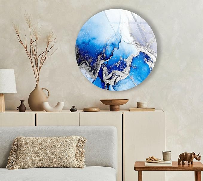 My Photostation.com 15.8''(40cm) Diameter Blue Marble Round with Silver Details Glass Wall Art Tempered Glass Printing Wall Decor Large Wall Art Wall Hangings