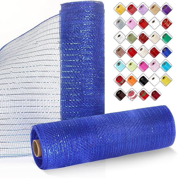 2 Rolls Mesh Ribbon for Wreaths 10 Inch x 30 Foot Wreath Mesh Rolls with Metallic Foil for Easter Christmas Party Wedding Home Decor DIY Craft Projects and Gift Wrapping (Royal Blue)