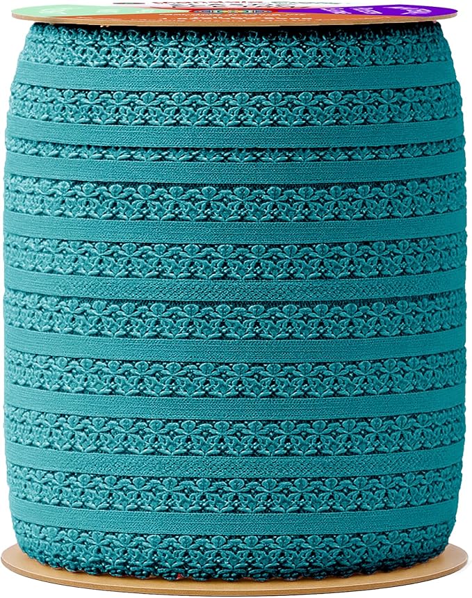 Mandala Crafts Teal Stretch Lace Soft Elastic Trim Roll - 55 Yards 1 Inch Wide Stretchy Frilly Picot Ribbon for Sewing Lingerie, Headbands, Underwear, and Crafts