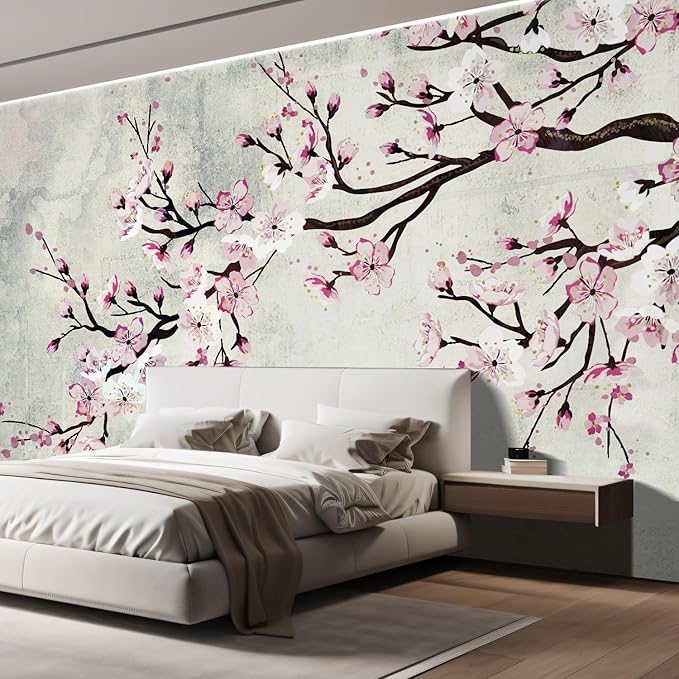 wall26 Large Wall Mural Watercolor Style Ink Painting Pink Cherry Blossom on Vintage Wall Background | Self-Adhesive Vinyl Wallpaper/Removable Modern Wall Decor - 96x144 inches