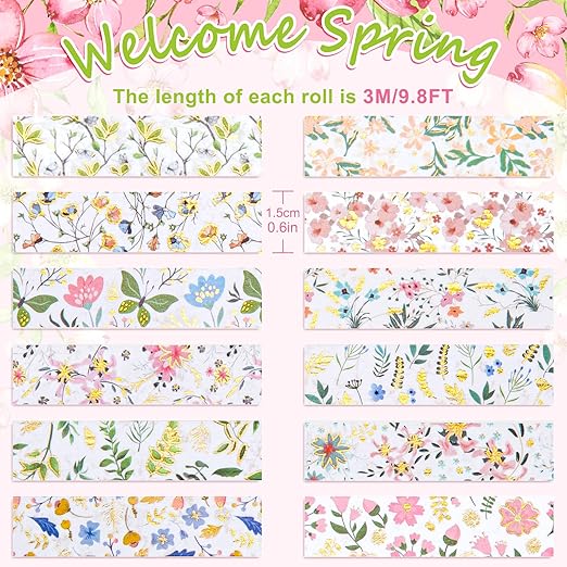 Whaline 12 Rolls Spring Floral Washi Tape Foil Gold Colorful Flowers Masking Tape 15mm Watercolor Plants Spring Decorative Washi Tape Sticker for Holiday Scrapbook Journal DIY Craft Gift Wrapping