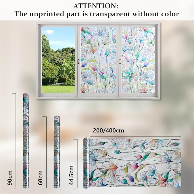 Donox Decorative Window Privacy Film, 3D Floral Stained Glass Window Film Static Cling Rainbow Privacy Sticker for Glass Door Heat Control Anti UV, No Adhesive (Magnolia,23.6 x 157.4 inches)