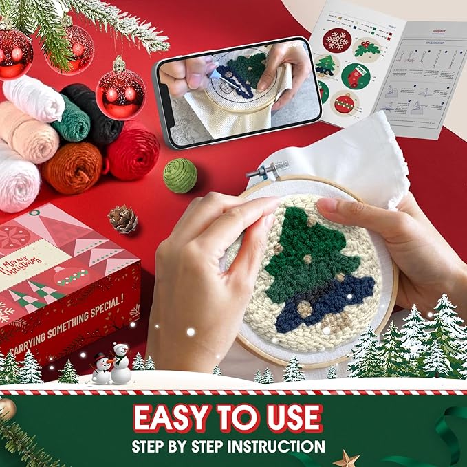 yuegool 6PCS Christmas Punch Needle Coasters Kit,Easy DIY Punch Needle Embroidery Kit for Beginners Adults Kids Including Patterns, Tools, Yarns, Hoop, Instruction, Coaster Holder Art Craft Supplies