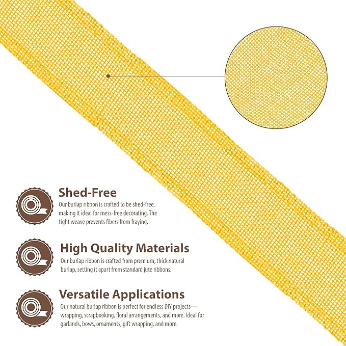 Mandala Crafts Yellow Burlap Ribbon 1.5 Inches Wide Jute Ribbons for Crafts - 20 Yds Roll Rustic Burlap Wrap Trim Ribbons for Wreaths Bows Wedding Party Decoration