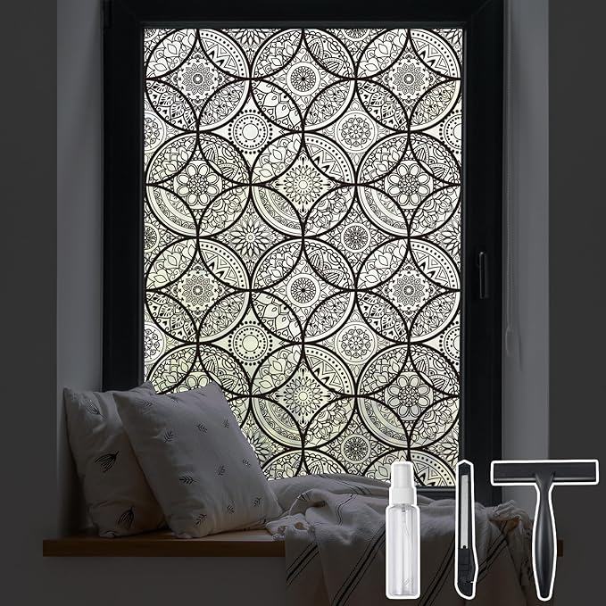DKTIE Boho Stained Glass Look Window Privacy Film with Installation Tools, Decorative Frosted Glass Window Film Static Cling No Glue Removable, Pure Black, 35.4" x 78.7"