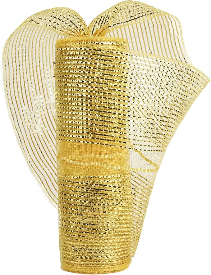 MEEDEE Gold Deco Mesh 10 Inch Deluxe Wide Foil Metallic Pull Up Mesh Yellow Gold Decorative Mesh Ribbon for Christmas Tree, Wreaths, Garland, Gift Wrapping, Bows Making (30 Feet)