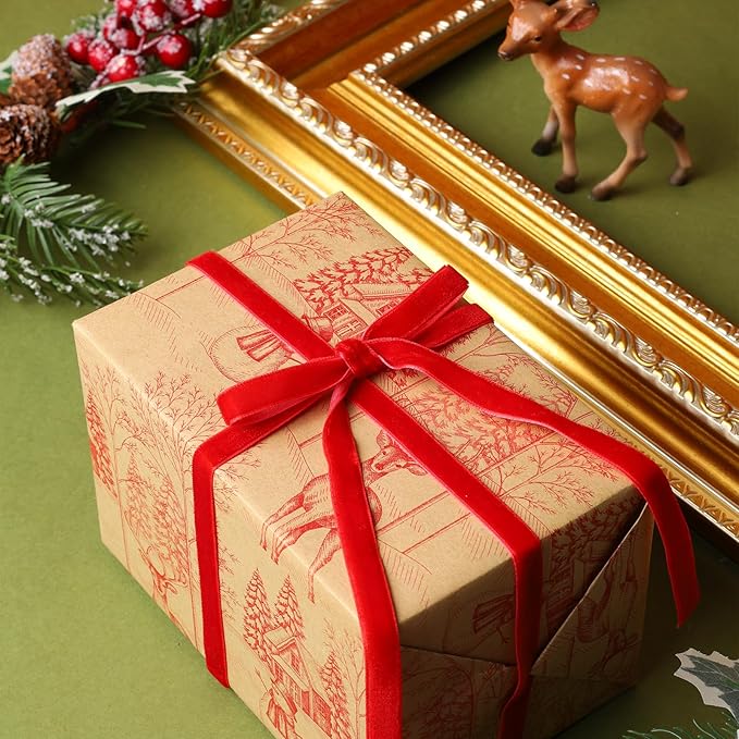 LaRibbons Thin Velvet Ribbon 3/8 Inch x 25 Yards, Red Velvet Ribbon for Christmas Tree, Gift Wrapping, Wreath Bow, Outdoor Decoration