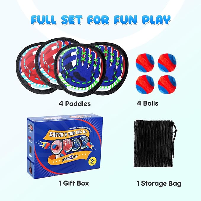 Playzap Toss and Catch Ball Set - Ultra Soft & Safe Toddler Baseball Gloves Designed for Pain-Free - Kids Games Toys Indoor Outdoor - Great for Yard Beach Pool - Gift for Boys Girls 2-4 5-7 8-10 Years