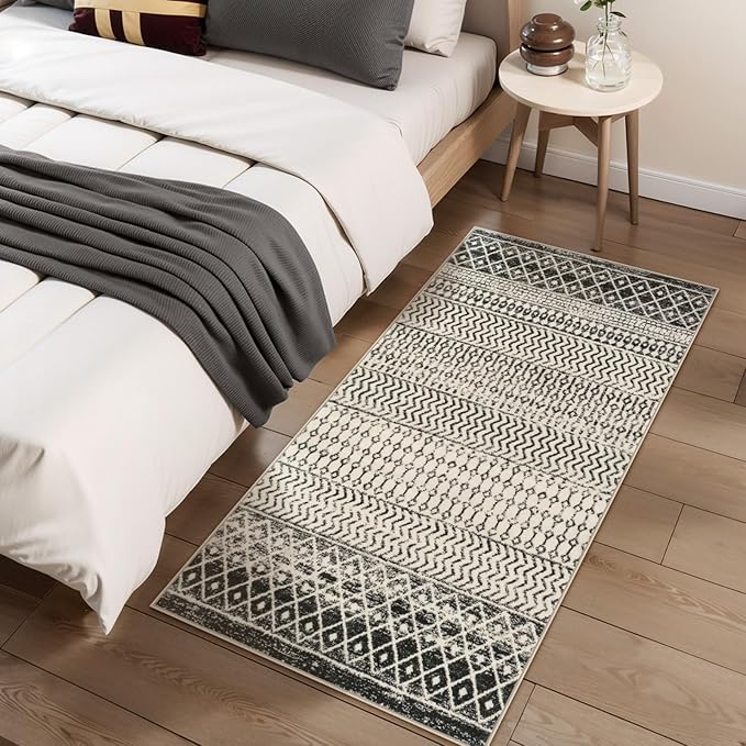 Moroccan Washable Rug for Entryway, 2x4 Black Distressed Non-Slip Door Mat Indoor Entrance, Soft Low-Pile Accent Rug Boho Area Rug for Bedroom Bathroom Kitchen