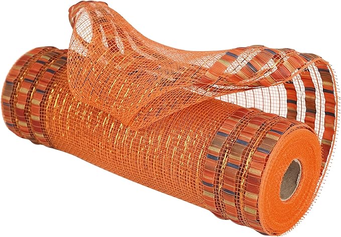 MEEDEE Orange Mesh 10 Inch Ruffle Patterned Metallic Mesh Ribbon Fall Colors, Ideal for Wreaths, Garland, Christmas Tree, Gift Wrapping, Bows Making (30 Feet)