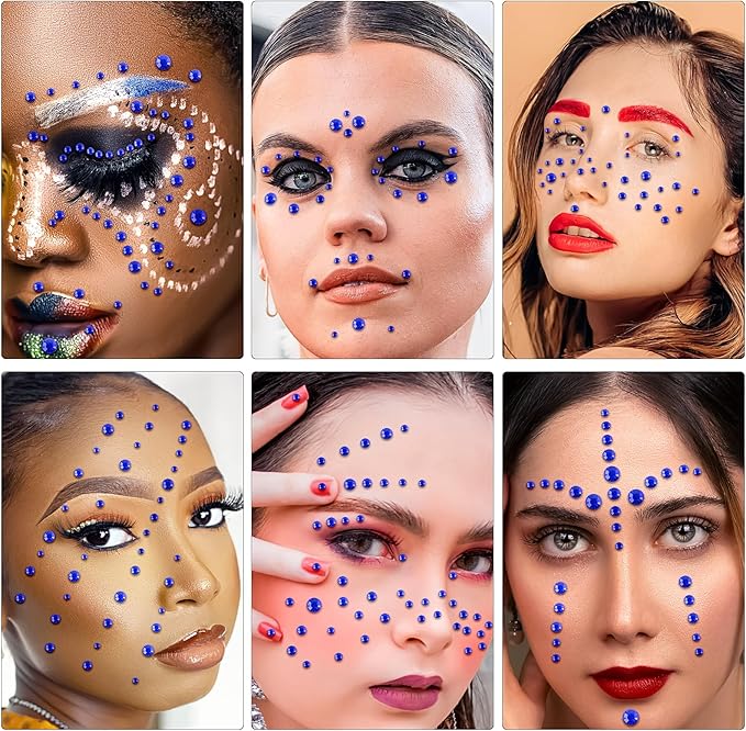 Self Adhesive Face Gems and Pearls for Makeup, Festival Jewels, Hair Gems Pearls, 3/4/5/6/8 mm Round Rhinestone Stickers for Face, Eye, Makeup, Body, Crafts 591Pcs (17_Dark Blue)