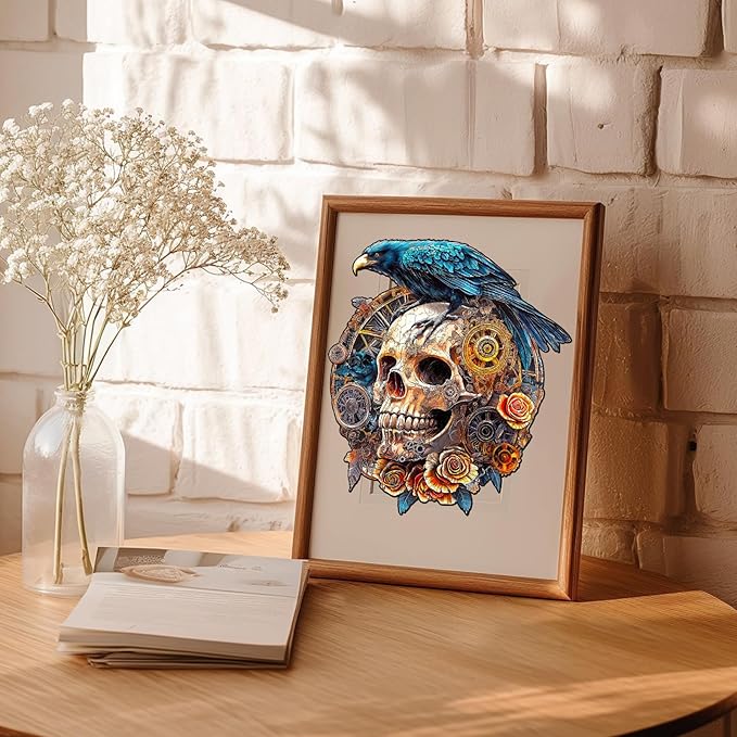 KAAYEE Wooden Puzzles for Adults, 3D Visual Effect Raven & Mechanical Skull Wooden Jigsaw Puzzle Unique Shape Wood Puzzle Adult, 3D Effect Flat Puzzle Birthday Family Games (S-8.5 * 7.5in-95pcs)