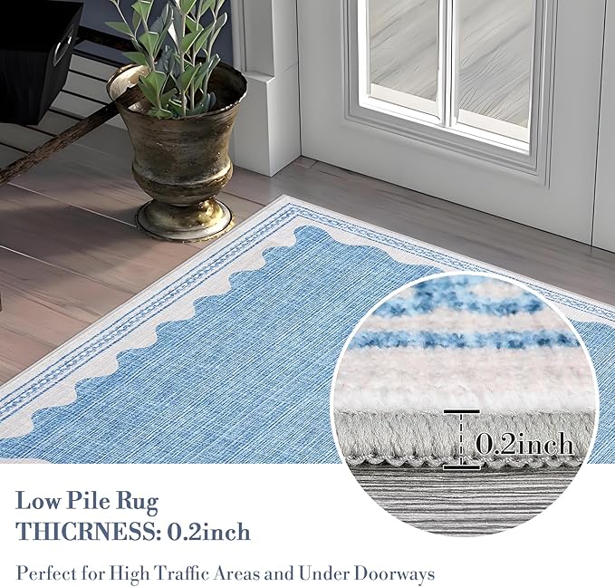 Scalloped Washable Rugs for Living Room, Solid Blue 6x9 Area Rugs for Bedroom Girls, Non Slip Scalloped Rug with Rubber Back, Soft Dorm Nursery 6x9 Rugs for Dining Room