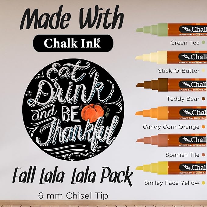 Chalk Ink Chisel Tip Wet Wipe Chalk Markers (6mm, Fall-Lala-Lala, 6 Pack)