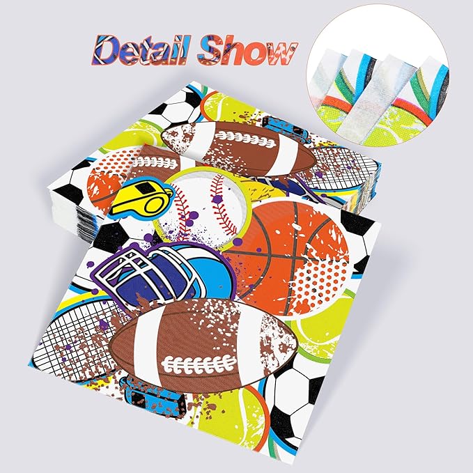 Aodaer 48 Pieces Sports Napkins 13 x 13 Inches Sports Ball Paper Napkins Disposable Sports Pattern Cocktail Napkins for Baseball Basketball Football Soccer Party Supplies, Birthday Party Decorations