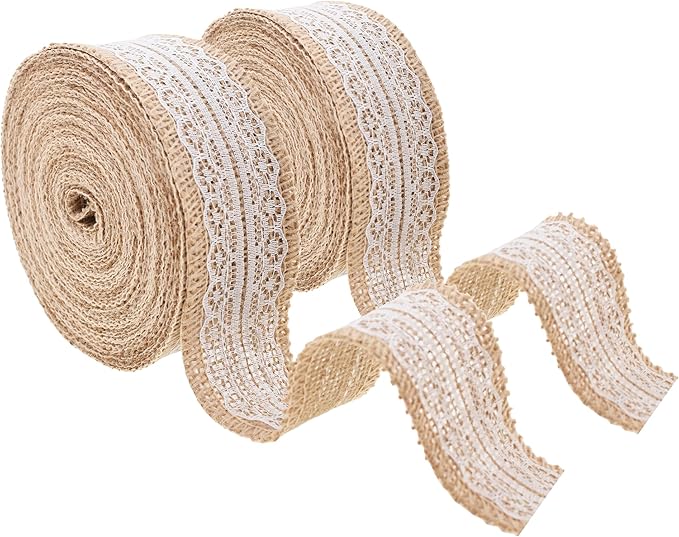 Mandala Crafts Burlap and Lace Ribbon 1.5 Inches Wide Jute Ribbons for Crafts - 20 Yds Roll Rustic Burlap Wrap Trim Ribbons for Wreaths Bows Wedding Party
