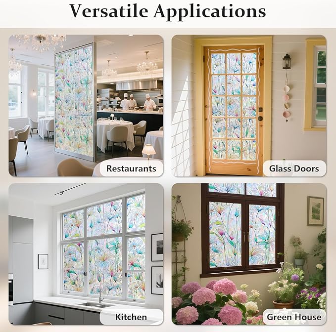 Donox Decorative Window Privacy Film, 3D Floral Stained Glass Window Film Static Cling Rainbow Privacy Sticker for Glass Door Heat Control Anti UV, No Adhesive (Magnolia,35.4 x 157.4 inches)