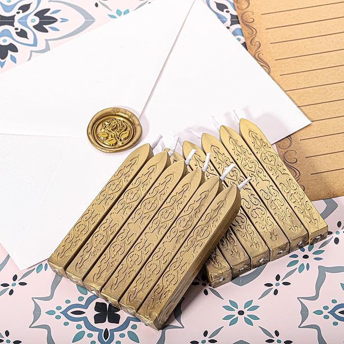 Yoption 12Pcs Sealing Wax Sticks with Wicks, Antique Gold Totem Fire Manuscript Seal Wax Sticks for Wax Seal Stamp (Antique Gold)