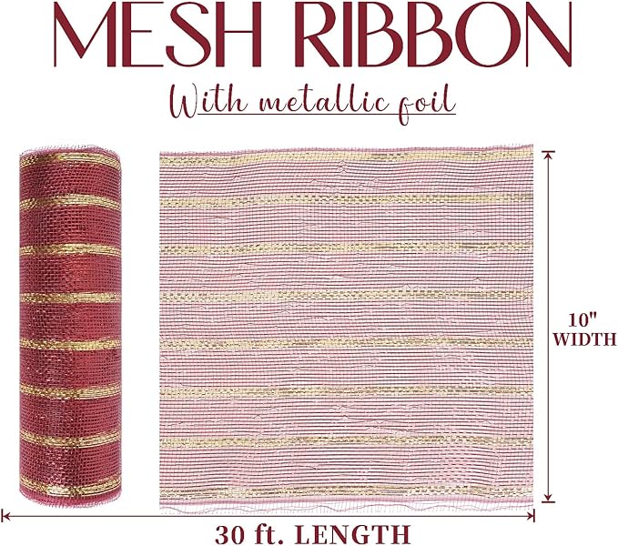 MEEDEE Burgundy and Gold Deco Mesh 10 Inch Metallic Striped Deco Mesh Christmas Mesh Ribbon for Christmas Tree, Wreaths, Garland, Gift Wrapping, Bows Making (30 Feet)