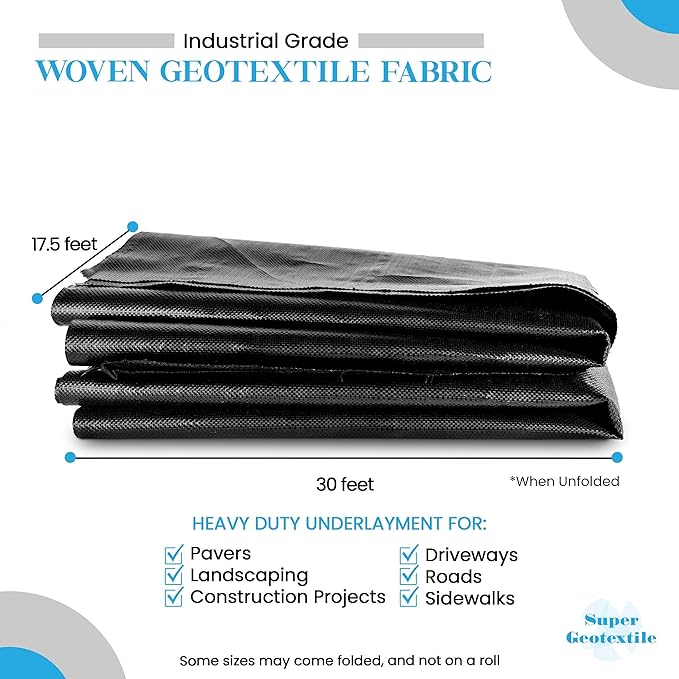 Woven Geotextile Fabric for Driveway and Road Stabilization, Construction Underlayment, Erosion Control, Commercial Grade 50 Year for Gravel Roads and Pavers (17.5x30) Ships Folded
