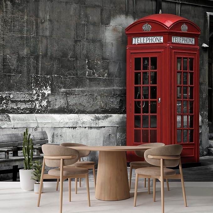 wall26 British Phone Booth in London, United Kingdom Removable Wall Mural | Self-Adhesive Large Wallpaper - 96x144 inches