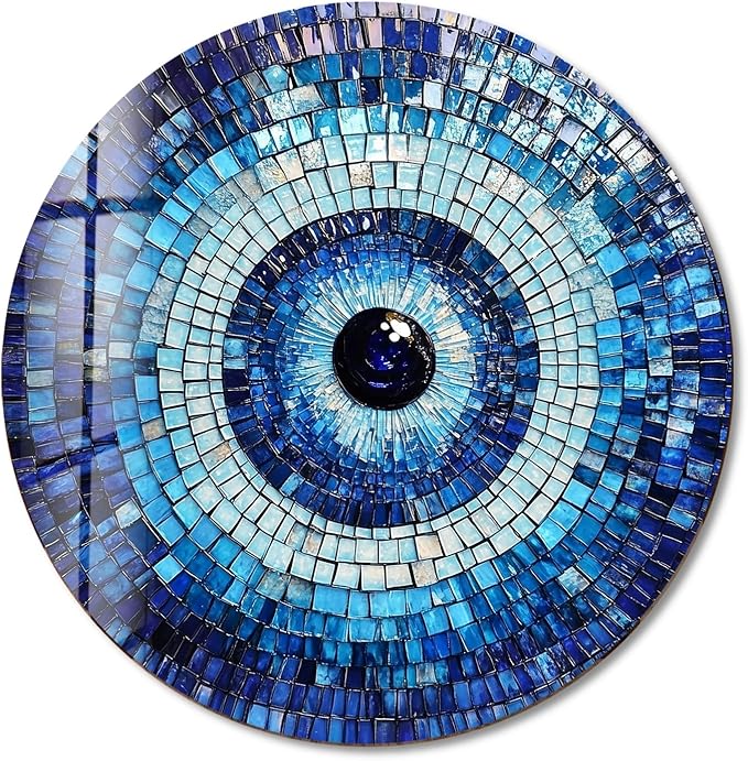 My Photostation.com 10''(25cm) Diameter Blue Mosaic Evil Eye Round Glass Wall Art Tempered Glass Printing Wall Decor Large Wall Art Wall Hangings