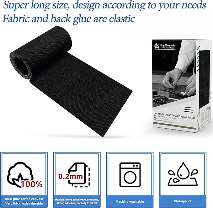 KING MOUNTAIN Canvas Iron on Patch,3"×60",Waterproof 100% Cotton Fabric Repair Patch,Used for Various Sofa,Tent,Clothes,Seats,Suitcases (Black,Waterproof)