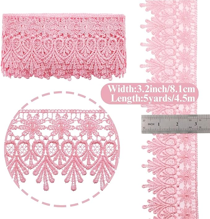 GXTIZAS Lace Trim 5 Yards Wide Venise Lace Ribbon Embroidered Edge Trim for Sewing Crafts Pillow Case (Pink