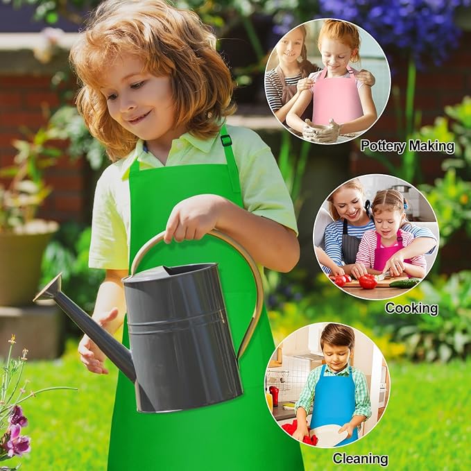 PLULON 10 Pcs Kids Apron Set Adjustable Children Art Aprons with 2 Pockets Artist Apron Bulk for Baking Painting Cooking Activity - 10 Colors
