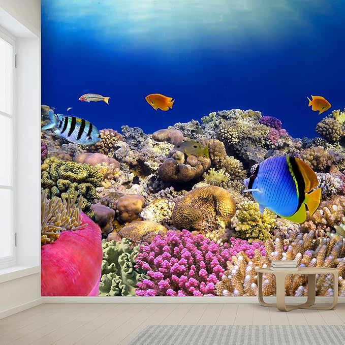 wall26 Removable Wall Sticker/Wall Mural Tropical Blue Fish Coral Reef Ocean Seascape Nature Wilderness Photography Nautical Landscape Decorative for Living Room, Bedroom, Office - 132x144 inches