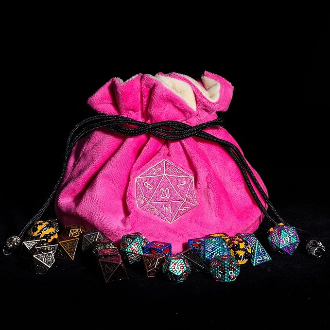 Large Dice Bags with Pockets Pink Storage Bag D20 Logo for DND RPG Game Dices (with 1lb Random DND Dice)