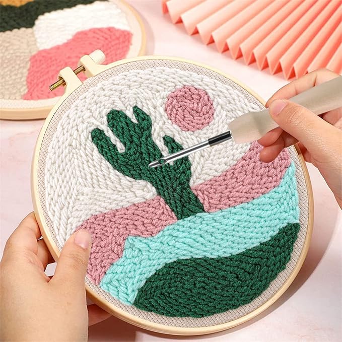 Anidaroel 3 Sets Punch Needle Kits - Beginner Adults Kit with Fabric, Hoops, Yarns and Sewing Needles