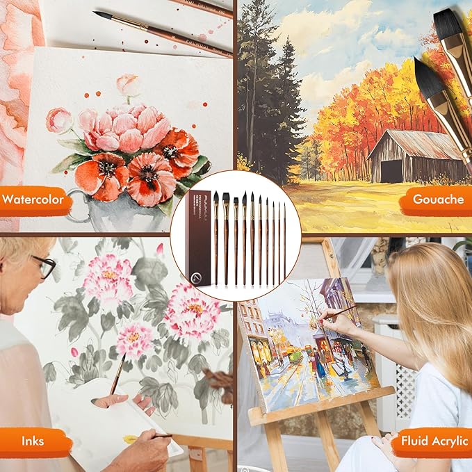 Watercolor Brushes Professional, Fuumuui 10Pcs Synthetic Squirrel Hair Water Color Paint Brush Set for Artists - Flat, Round Pointed, Dagger, Cats Tongue Oval Wash for Watercolor Gouache Inks Painting