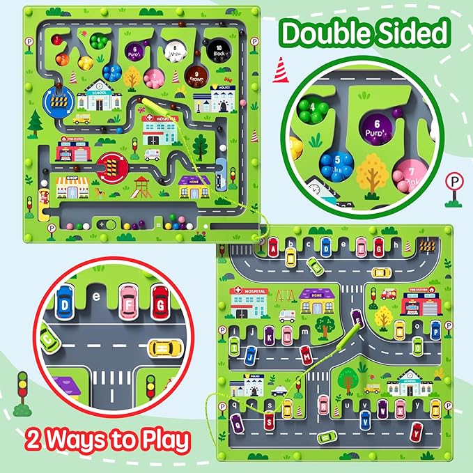 2 in 1 Magnetic Color and Number Maze Magnet Alphabet Counting Double Sided Board Wood Puzzle Fine Motor Skills Montessori Preschool Toys Gifts for Boys and Girls 3-5 Age (Big Car, One Size)