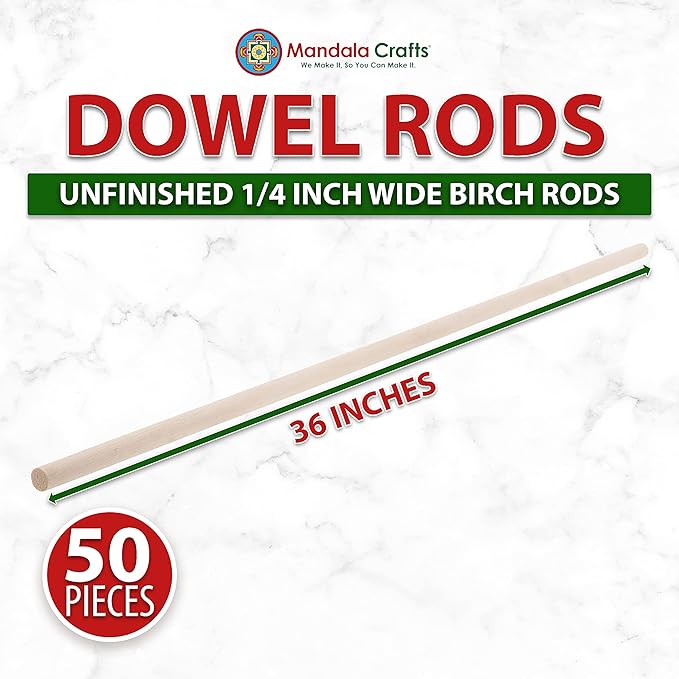 Mandala Crafts Wood Sticks Wooden Dowel Rods 36 Inches Wooden Sticks for Crafts Sticks Macrame Dowels - 50 Unfinished Wood Dowels 1/4 Inch Cake Dowels for Tiered Cakes